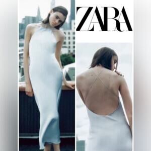 Zara Light Blue SATIN DRESS WITH SPAGHETTI STRAPS NWT Size Small